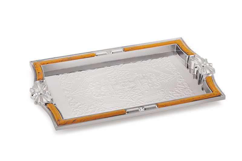 SUNLIFE - Celebrity Royal Traditional Design (Big Size/Plastic) Serving Tray for Home Decor & Dining Table | Size (53 x 32 x 5) cm | Plastic Silver, Wood Finish Decorative Tray (1 Piece) - Image 2