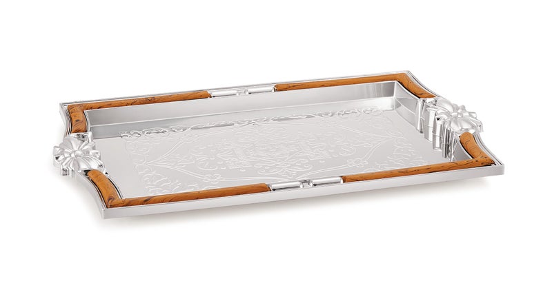 SUNLIFE - Celebrity Royal Traditional Design (Big Size/Plastic) Serving Tray for Home Decor & Dining Table | Size (53 x 32 x 5) cm | Plastic Silver, Wood Finish Decorative Tray (1 Piece) - Image 4