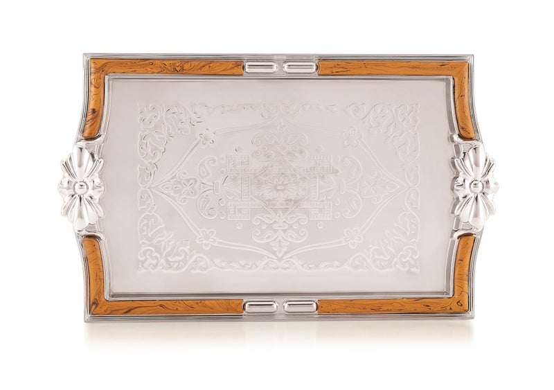 SUNLIFE - Celebrity Royal Traditional Design (Big Size/Plastic) Serving Tray for Home Decor & Dining Table | Size (53 x 32 x 5) cm | Plastic Silver, Wood Finish Decorative Tray (1 Piece) - Image 1