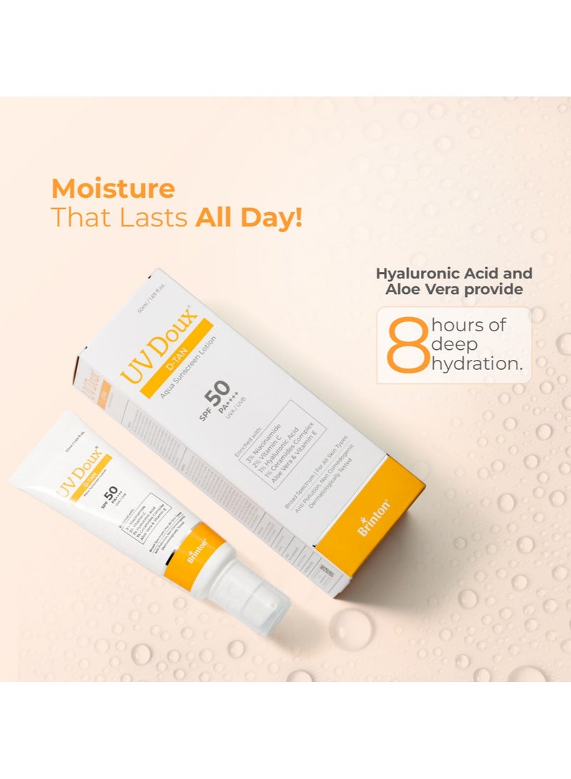Brinton UV Doux D-Tan Aqua Sunscreen Lotion Enriched with Enriched with 3% Niacinamide, 2% Vitamin C, 1% Hyaluronic Acid, 1% Ceramide, Aloe Vera & Vitamin E | SPF 50 PA++++ Broad Spectrum | Reduces Tanning & Provides 8-Hour Hydration | Paraben & Sulphate Free | For All Skin Types - Image 5