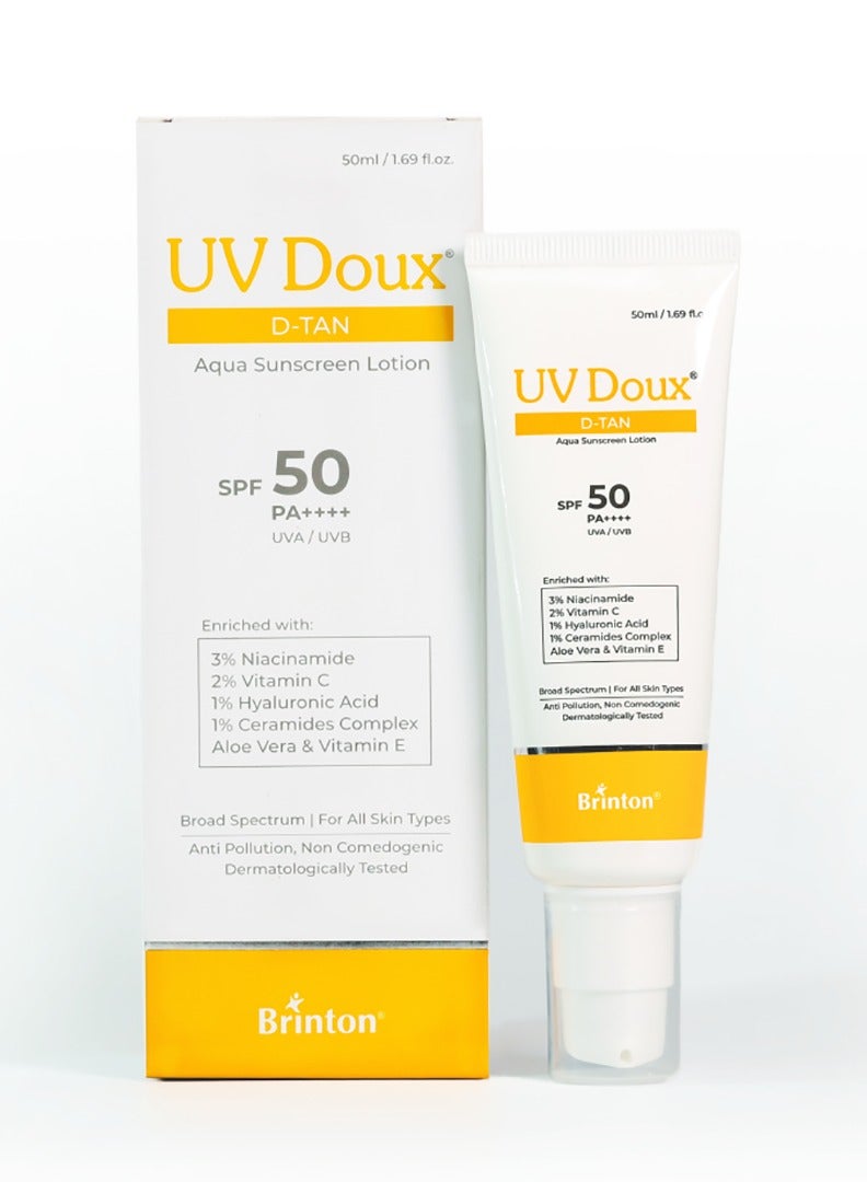 Brinton UV Doux D-Tan Aqua Sunscreen Lotion Enriched with Enriched with 3% Niacinamide, 2% Vitamin C, 1% Hyaluronic Acid, 1% Ceramide, Aloe Vera & Vitamin E | SPF 50 PA++++ Broad Spectrum | Reduces Tanning & Provides 8-Hour Hydration | Paraben & Sulphate Free | For All Skin Types - Image 2