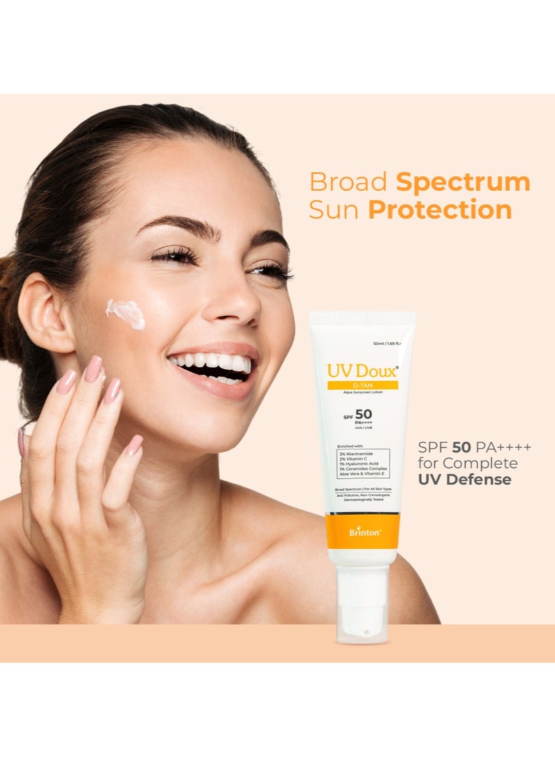 Brinton UV Doux D-Tan Aqua Sunscreen Lotion Enriched with Enriched with 3% Niacinamide, 2% Vitamin C, 1% Hyaluronic Acid, 1% Ceramide, Aloe Vera & Vitamin E | SPF 50 PA++++ Broad Spectrum | Reduces Tanning & Provides 8-Hour Hydration | Paraben & Sulphate Free | For All Skin Types - Image 4