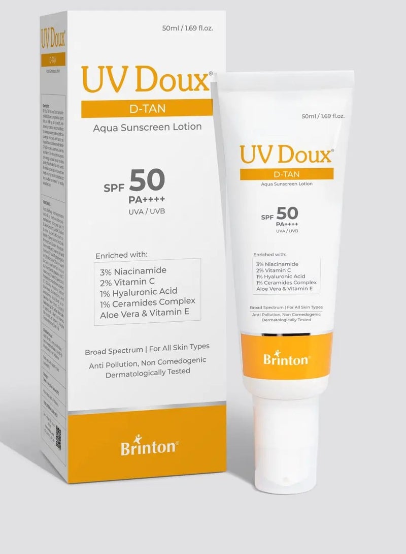 Brinton UV Doux D-Tan Aqua Sunscreen Lotion Enriched with Enriched with 3% Niacinamide, 2% Vitamin C, 1% Hyaluronic Acid, 1% Ceramide, Aloe Vera & Vitamin E | SPF 50 PA++++ Broad Spectrum | Reduces Tanning & Provides 8-Hour Hydration | Paraben & Sulphate Free | For All Skin Types - Image 1