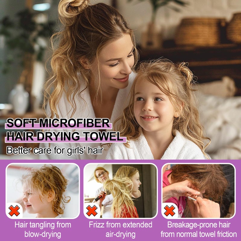 MADHOLLY Microfiber Hair Towel for Kids Gift - Soft Super Absorbent Rapid Drying Hair Towel Wrap Turban for Girls Women with Button, Anti-Frizz for Thicker Curly Long Hair, 2Pack - Image 3
