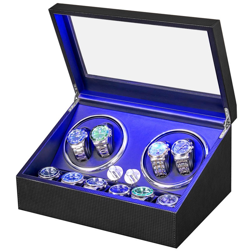 ANWBROAD Watch Winder for Automatic Watches 4 Watch Rotator and 6 Extra Storages with Super Quiet Motor and LED Backlight Turner Carbon Fiber Shaker 5 Rotating Modes USB UJWW002F