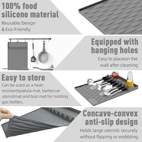 STORE 2508 Store2508 Silicone Utensil Rest Large 16 x 11.5 Inch Silicone Spoon Rest with Drip Pad Heat Resistant Spoon Holder Spatula Mat for Stove Top Kitchen Utensils Holder for Counter Grey - Image 5