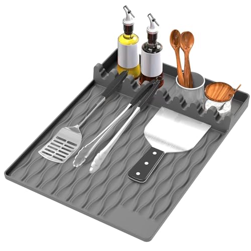 STORE 2508 Store2508 Silicone Utensil Rest Large 16 x 11.5 Inch Silicone Spoon Rest with Drip Pad Heat Resistant Spoon Holder Spatula Mat for Stove Top Kitchen Utensils Holder for Counter Grey - Image 1