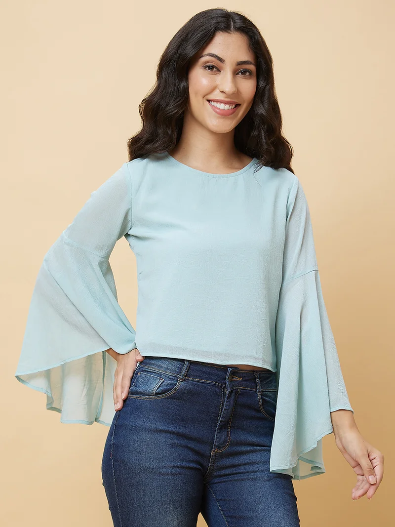 globus Women Green Flared Sleeve Regular Top