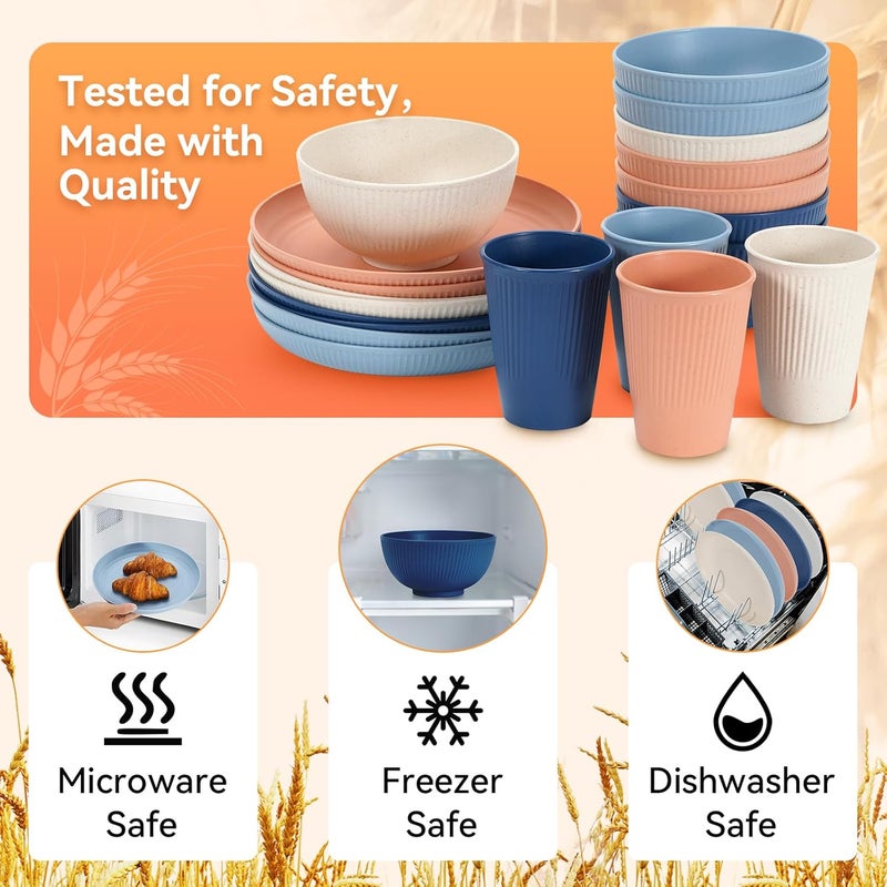 Hommaly Wheat Straw Dinnerware Sets64Piece Plates and Bowls Sets for 8UnbreakableReusable Plastic Dish SetDinner PlateDessert PlateCereal BowlCupUtensilsDishwasher Safe 64PCoral Coast - Image 3