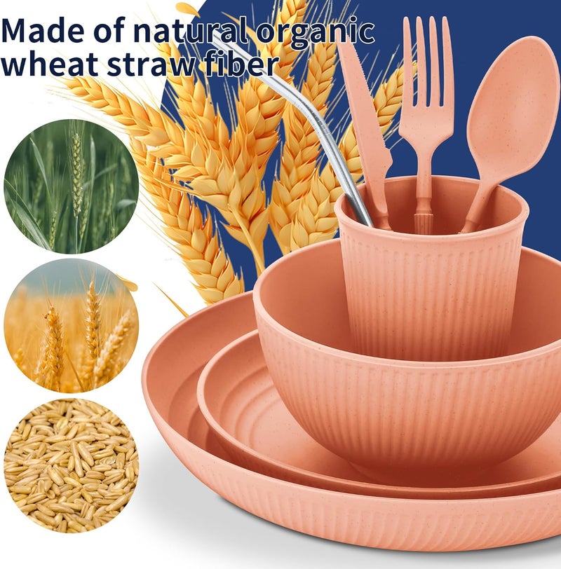 Hommaly Wheat Straw Dinnerware Sets64Piece Plates and Bowls Sets for 8UnbreakableReusable Plastic Dish SetDinner PlateDessert PlateCereal BowlCupUtensilsDishwasher Safe 64PCoral Coast - Image 5