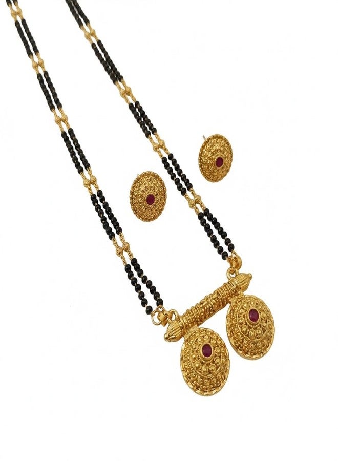 طقم مانجالسوترا تقليدي من ولاية ماهاراشترا مطلي بالذهب ومصقول بدقة متناهية، يتكون من خرز أسود وقلادة فاتي، بطول 32 بوصة، للنساء - Image 1