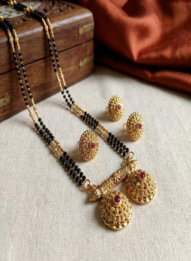 طقم مانجالسوترا تقليدي من ولاية ماهاراشترا مطلي بالذهب ومصقول بدقة متناهية، يتكون من خرز أسود وقلادة فاتي، بطول 32 بوصة، للنساء - Image 4