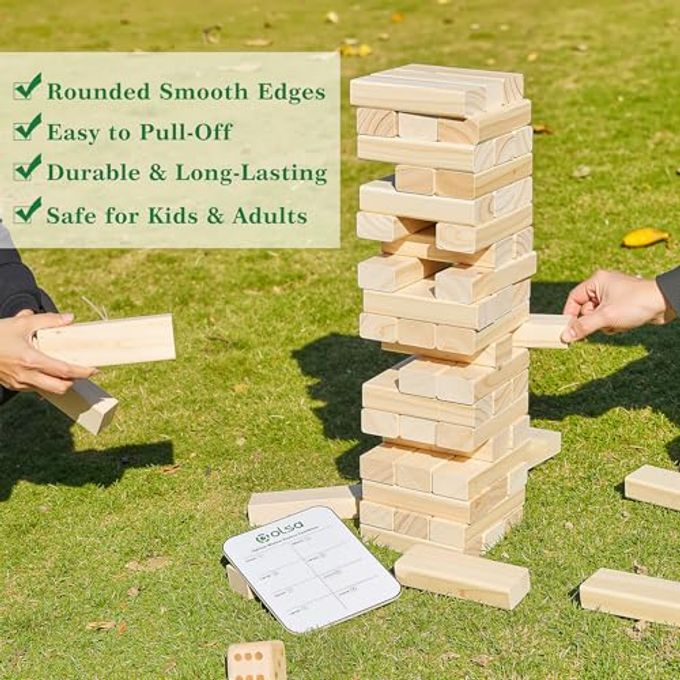 Olsa Giant Tumble Tower 60 PCS Wooden Block Stacking Games with Carrying Bag Classic Indoor & Outdoor Games for Kids Adults Family Backyard Lawn Beach Camping (Stack from 2.2 Ft to 5Ft) - Image 3