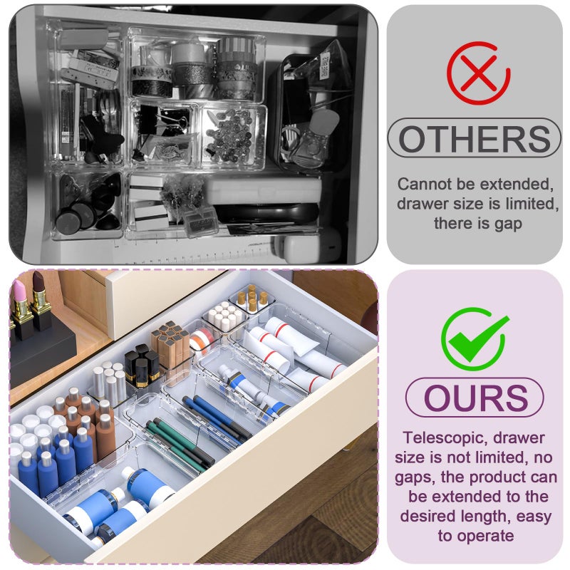 Hiitytin 14 Pcs Clear Drawer Organizer, Adjustable Drawer Storage Box, 3-Size Desk Drawer Organizer, Acrylic Storage Bins for Makeup, Cosmetic, Kitchen Utensils, Bedroom Dressers Tool Organizer for Gadgets - Image 4