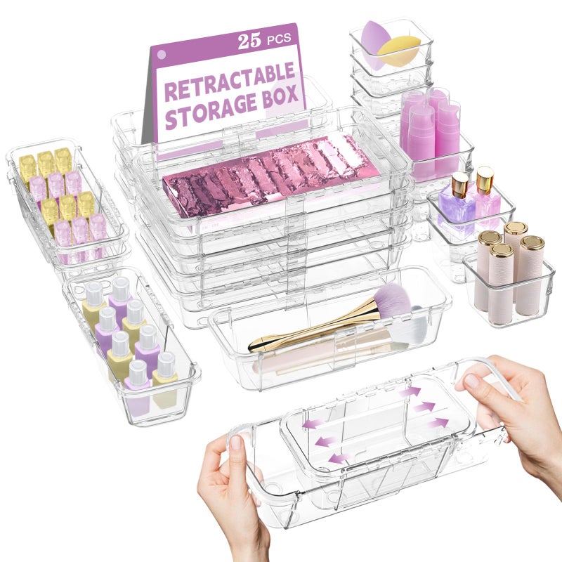Hiitytin 14 Pcs Clear Drawer Organizer, Adjustable Drawer Storage Box, 3-Size Desk Drawer Organizer, Acrylic Storage Bins for Makeup, Cosmetic, Kitchen Utensils, Bedroom Dressers Tool Organizer for Gadgets - Image 1