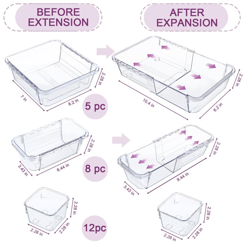 Hiitytin 14 Pcs Clear Drawer Organizer, Adjustable Drawer Storage Box, 3-Size Desk Drawer Organizer, Acrylic Storage Bins for Makeup, Cosmetic, Kitchen Utensils, Bedroom Dressers Tool Organizer for Gadgets - Image 2