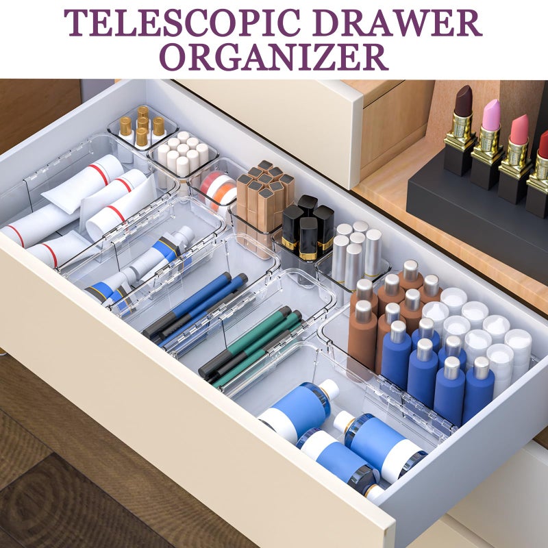 Hiitytin 14 Pcs Clear Drawer Organizer, Adjustable Drawer Storage Box, 3-Size Desk Drawer Organizer, Acrylic Storage Bins for Makeup, Cosmetic, Kitchen Utensils, Bedroom Dressers Tool Organizer for Gadgets - Image 5