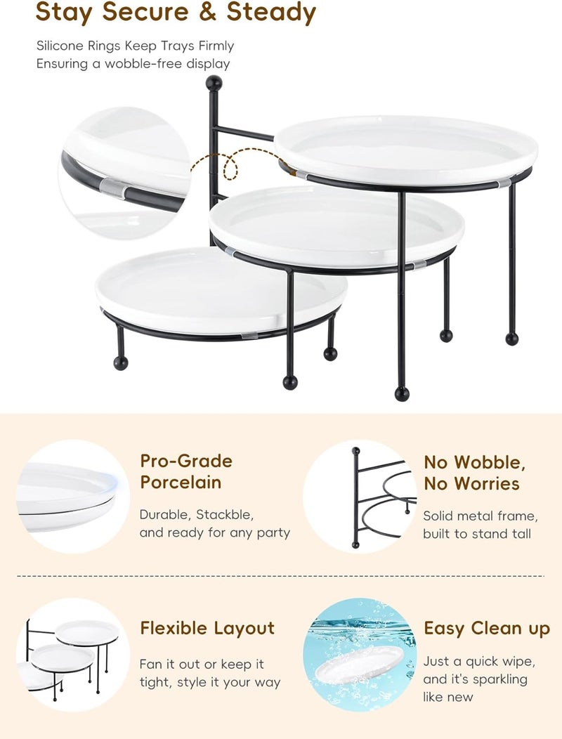 Yedio 3 Tiered Serving Stand with White Porcelain Plates, 10" Round Tray, Dessert Table Display Set, Round Dishes with Black Metal Display Stand for Veggie, Fruit, Cookies, Black - Image 5