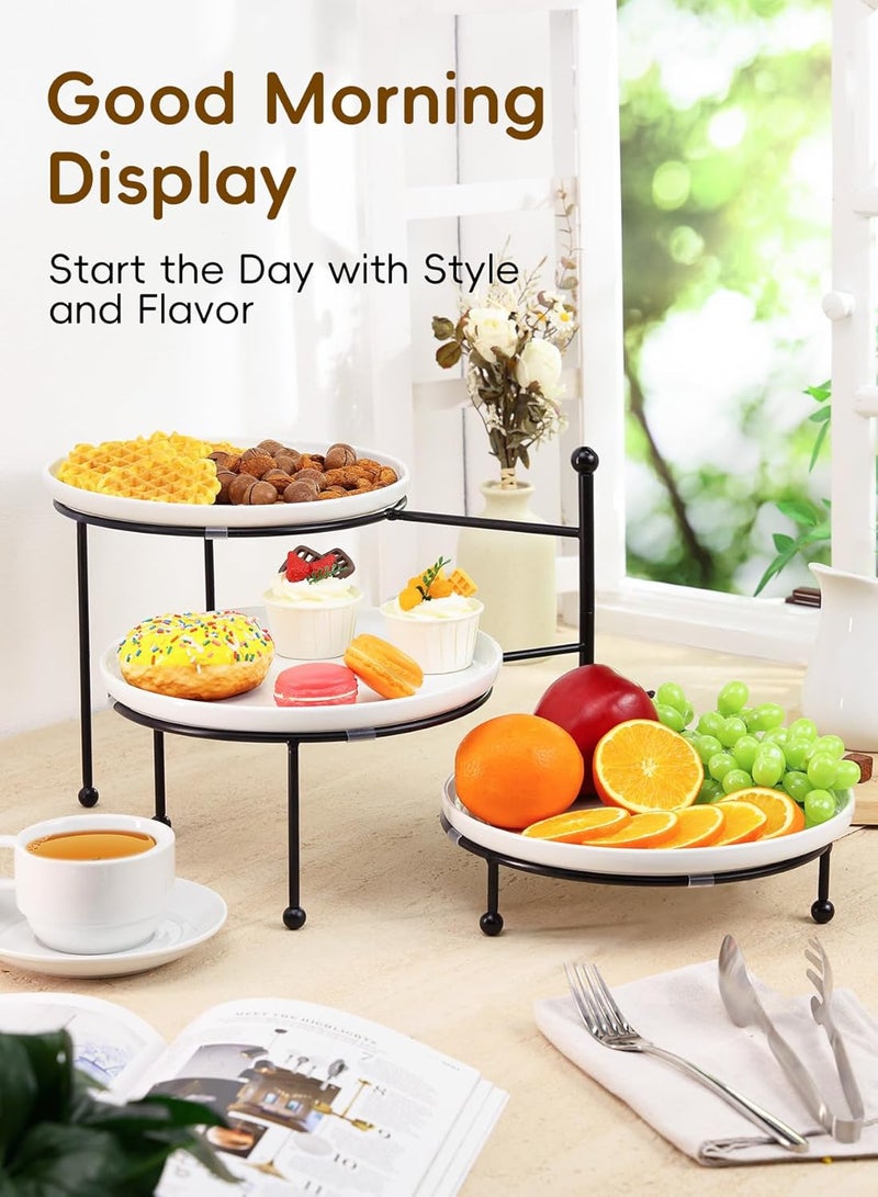 Yedio 3 Tiered Serving Stand with White Porcelain Plates, 10" Round Tray, Dessert Table Display Set, Round Dishes with Black Metal Display Stand for Veggie, Fruit, Cookies, Black - Image 3