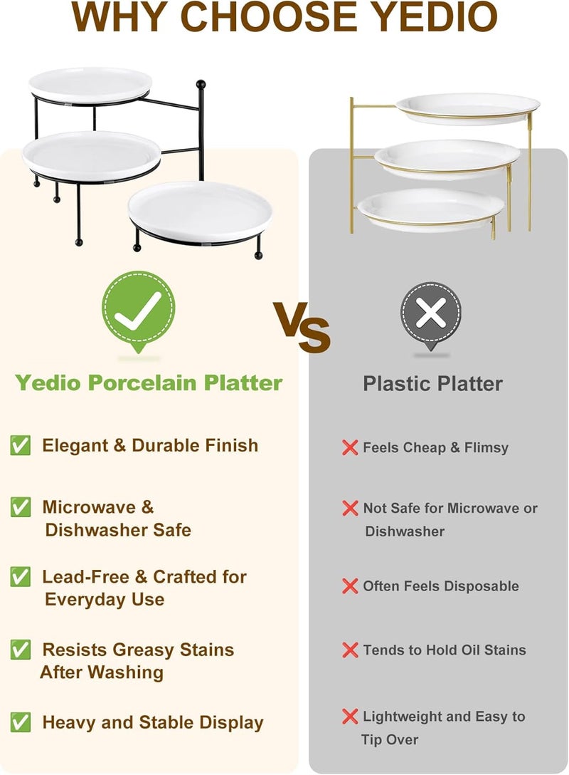 Yedio 3 Tiered Serving Stand with White Porcelain Plates, 10" Round Tray, Dessert Table Display Set, Round Dishes with Black Metal Display Stand for Veggie, Fruit, Cookies, Black - Image 4