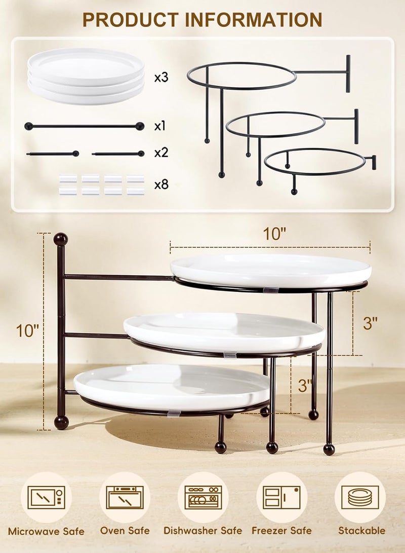 Yedio 3 Tiered Serving Stand with White Porcelain Plates, 10" Round Tray, Dessert Table Display Set, Round Dishes with Black Metal Display Stand for Veggie, Fruit, Cookies, Black - Image 2