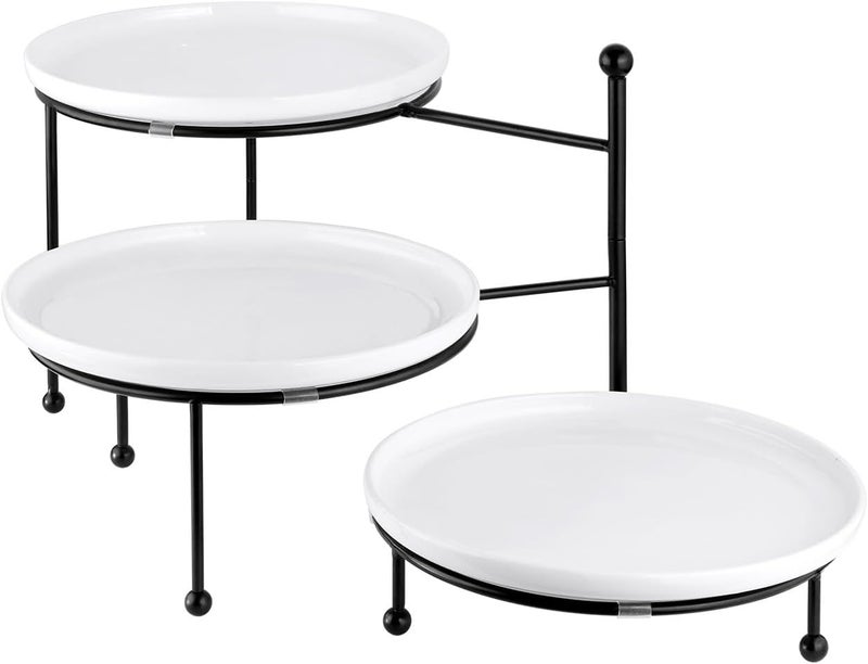 Yedio 3 Tiered Serving Stand with White Porcelain Plates, 10" Round Tray, Dessert Table Display Set, Round Dishes with Black Metal Display Stand for Veggie, Fruit, Cookies, Black - Image 1