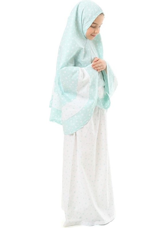 Elanesa  Girl Child Prayer Dress Mint Color Star Printed Belt Pattern  - Image 1