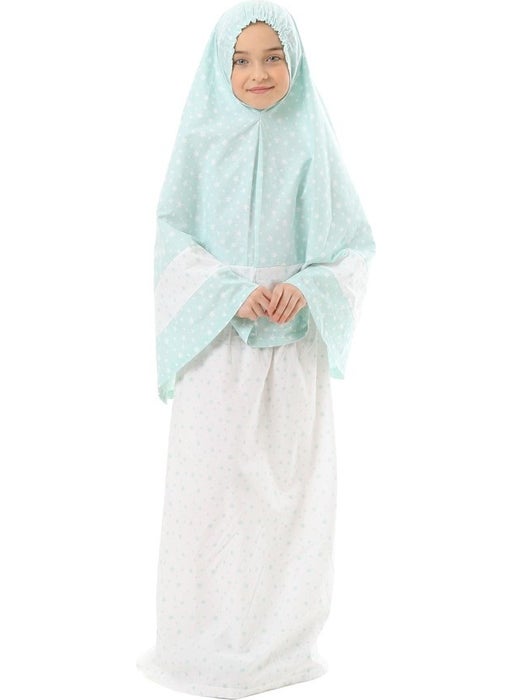 Elanesa  Girl Child Prayer Dress Mint Color Star Printed Belt Pattern  - Image 5