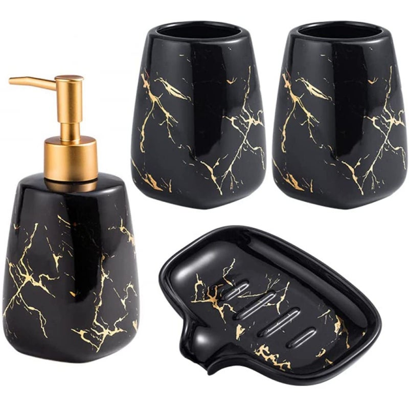 FabSeasons Bathroom Set Accessories, Italian Marble Pattern with Gold 4 Pieces Bathroom Accessory Sets Includes Soap/Lotion Dispenser, 2 Tumblers/Brush Holder, 1 Soap Dish/Holder - Image 2