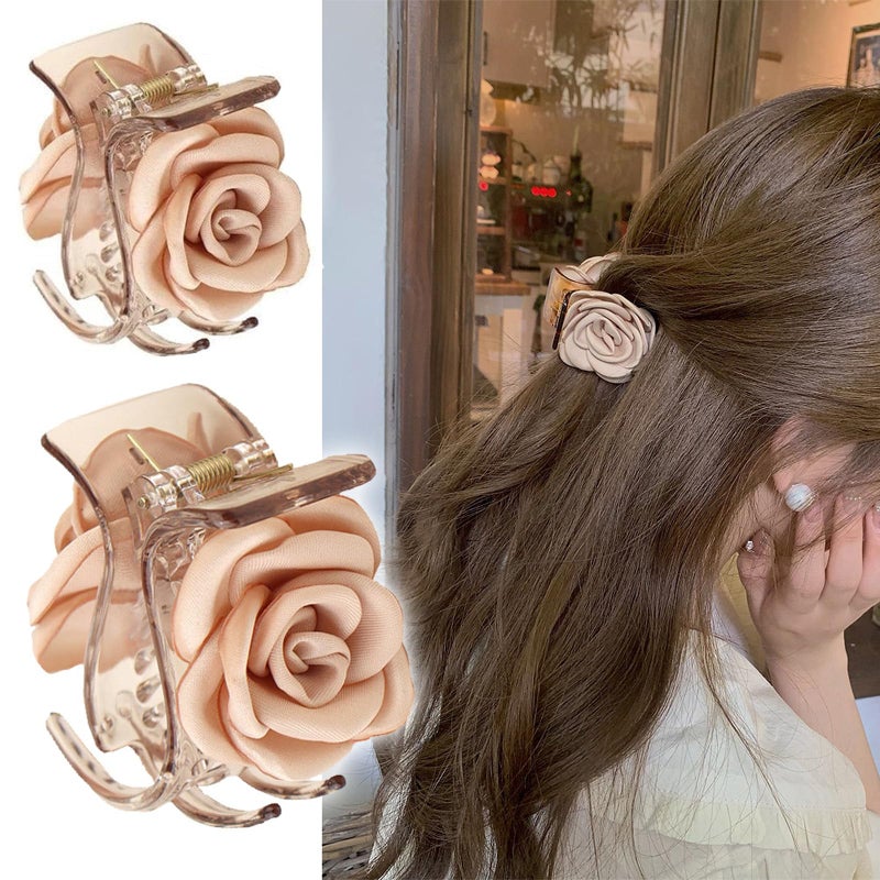 Agirlvct 3 Pack Hair Clip Small 161 Inch Flower Hair Claw Clips for High Ponytail Shark Rose Hair Clips Travel Beach Birthday Day Gift for Girl Friend Thick Thin Long HairChampagne