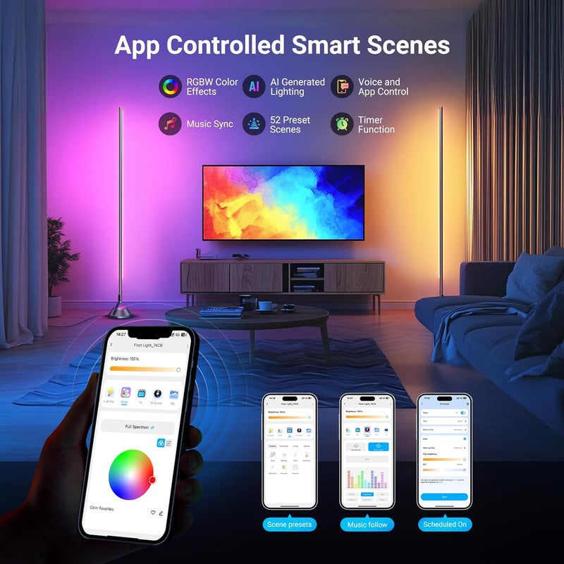 Neewer Smart LED Floor Lamp, 1500lm 1800K-6500K RGBW Standing Corner Light with APP/Voice Control/AI Custom/Music Sync, 16 Million Colors, Ambience Lighting for Bedroom Living Room Home Decor, NF01 - Image 5