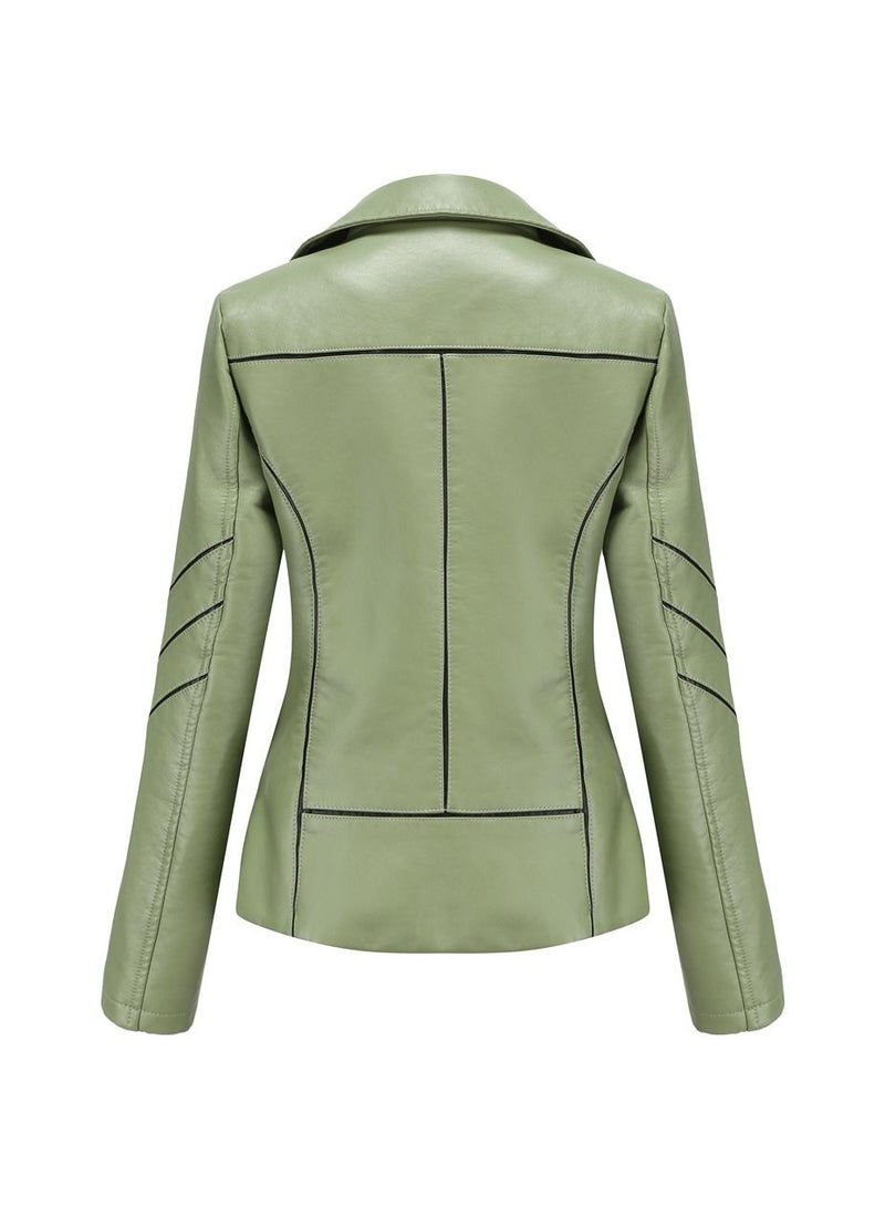 Loquat Women's New Thin Leather PU Short Coat Green - Image 2