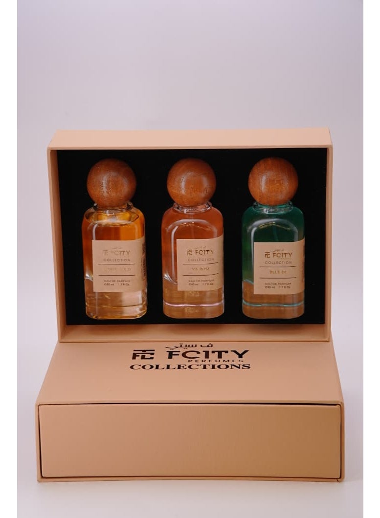 مجموعة هدايا العطور من 3 قطع من FCITY - 3 × 50 مل عطور طويلة الأمد للرجال والنساء - مجموعة روائح العنبر والزهور والطازجة - مجموعة هدايا مناسبة للسفر