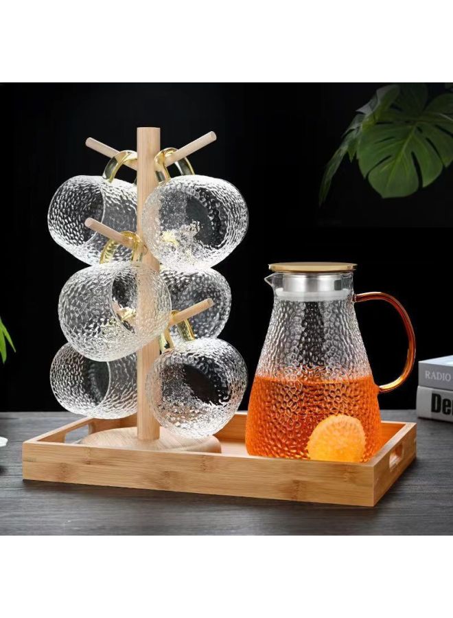 Cold Kettle Glass High Temperature Resistant Household Cold Kettle Suit Large Capacity Tie Pot Tea Kettle Cold Water Cup Juice Kettle-Colour:Silver Lid 1 Pot 6 Cups + Tray + Wooden Frame-Capacity:1500ml - Image 2