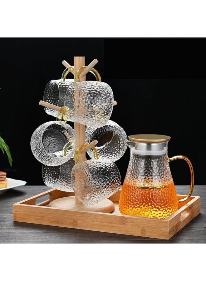 Cold Kettle Glass High Temperature Resistant Household Cold Kettle Suit Large Capacity Tie Pot Tea Kettle Cold Water Cup Juice Kettle-Colour:Silver Lid 1 Pot 6 Cups + Tray + Wooden Frame-Capacity:1500ml - Image 1