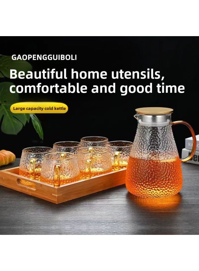 Cold Kettle Glass High Temperature Resistant Household Cold Kettle Suit Large Capacity Tie Pot Tea Kettle Cold Water Cup Juice Kettle-Colour:Silver Lid 1 Pot 6 Cups + Tray + Wooden Frame-Capacity:1500ml - Image 3
