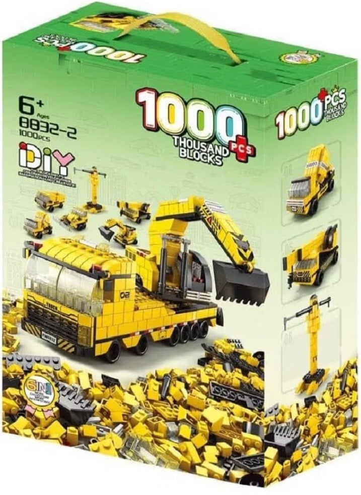 1000-piece building block set, ages 6+, includes crane, truck and other vehicles