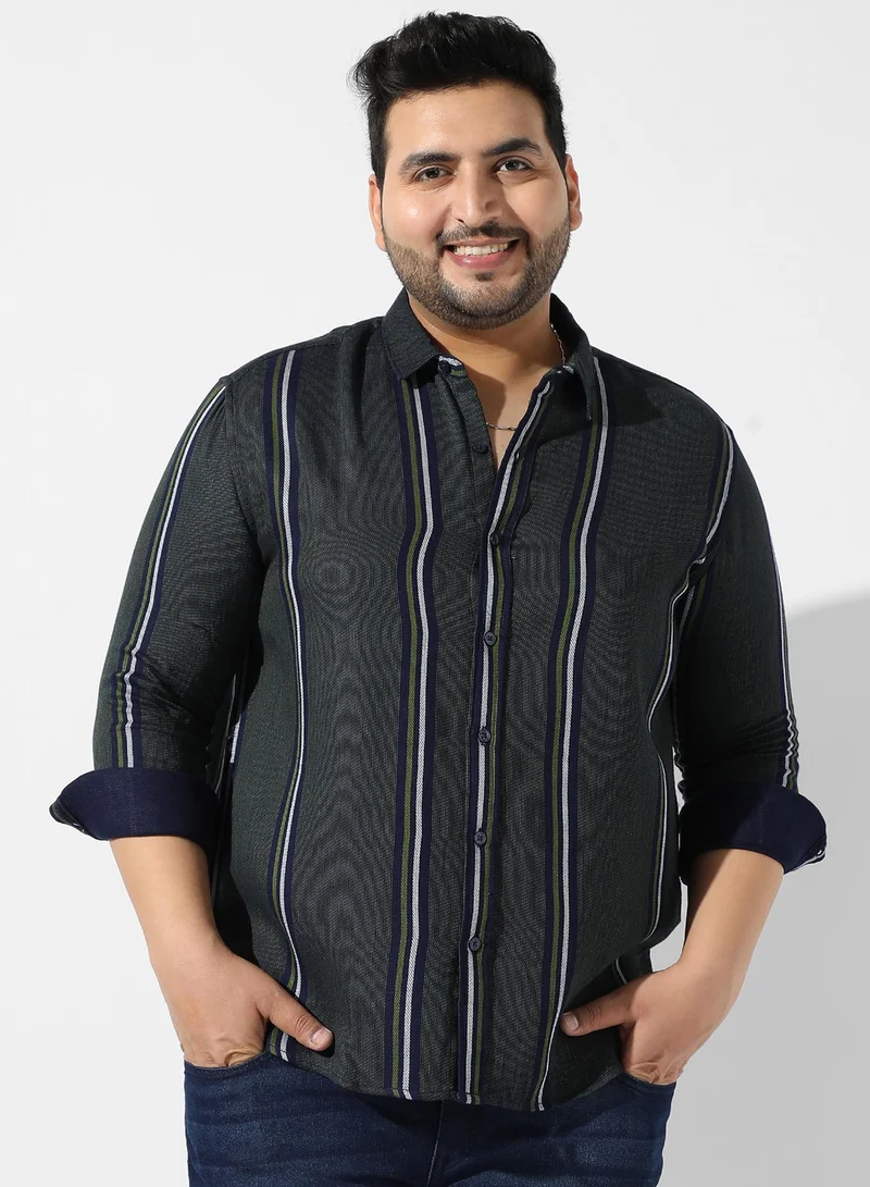 Instafab Plus Men's Emerald Green Striped Button Up Spread Collar Regular Fit Shirt For Casual Wear | Cotton Shirt Crafted With Long Sleeve, Comfort Fit & High-Performance For Everyday Wear
