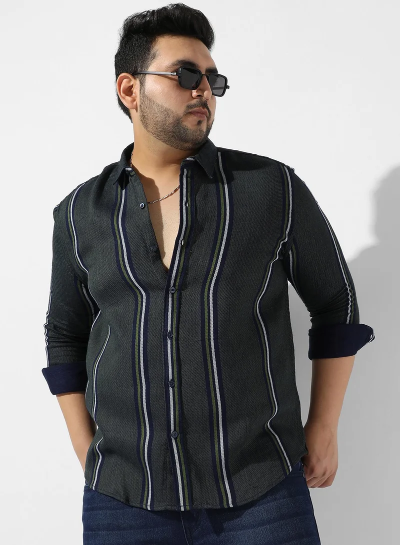 Instafab Plus Men's Emerald Green Striped Button Up Spread Collar Regular Fit Shirt For Casual Wear | Cotton Shirt Crafted With Long Sleeve, Comfort Fit & High-Performance For Everyday Wear