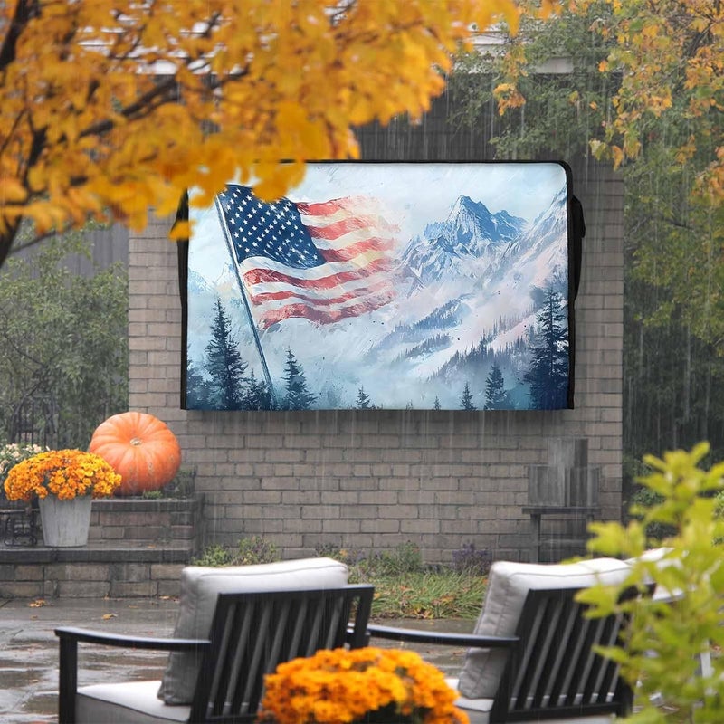 USA Flag Mountain Waterproof Outdoor TV Cover, Forest Independence Day Outside Weatherproof TV Enclosures for 40 to 43 Inch LCD Television Shield Flat Screen Protectors - Image 2