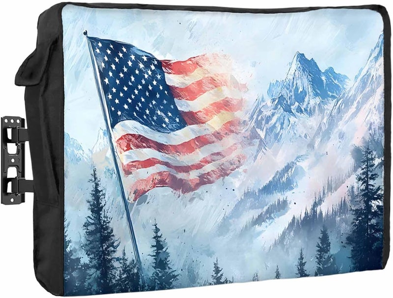 USA Flag Mountain Waterproof Outdoor TV Cover, Forest Independence Day Outside Weatherproof TV Enclosures for 40 to 43 Inch LCD Television Shield Flat Screen Protectors - Image 1