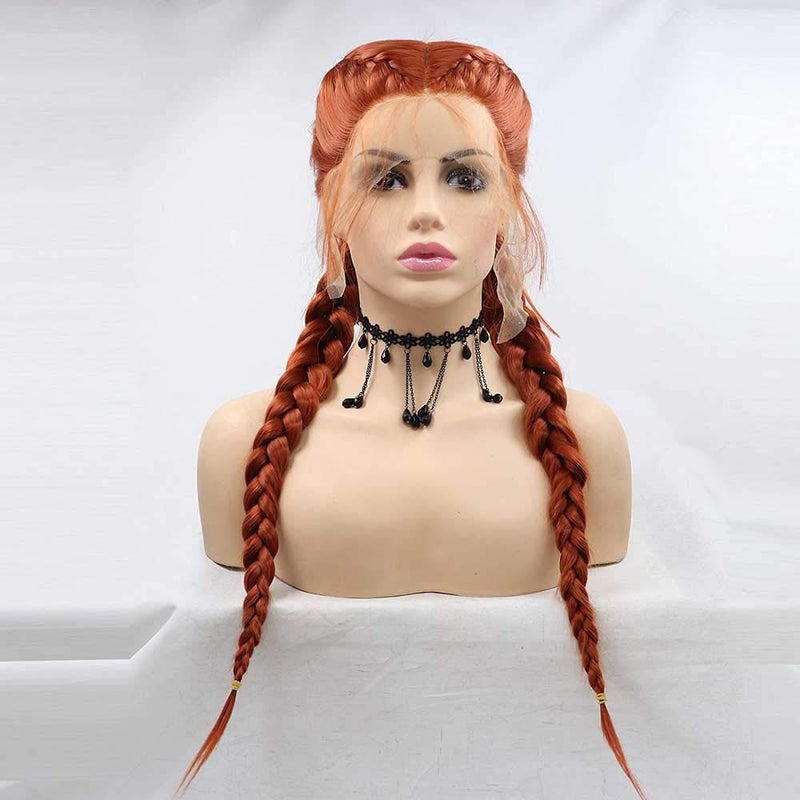 Synthetic Copper Red Braid Lace Front Wigs 360Color Double Braided Wig Heat Resistant Fiber Long Braid Wig With Baby Hair