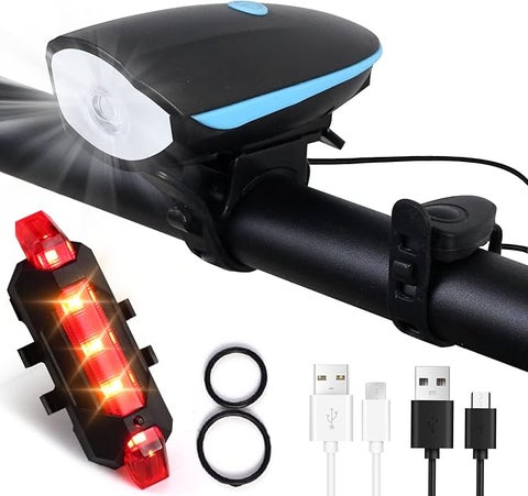 Rechargeable USB Bike Light Set for your Bicycle, Headlight and Taillight, Super Bright Light with 4 Lights Mode Road Cycling Safety Flashlight that is so Easy to Install for Cyclist, Blue