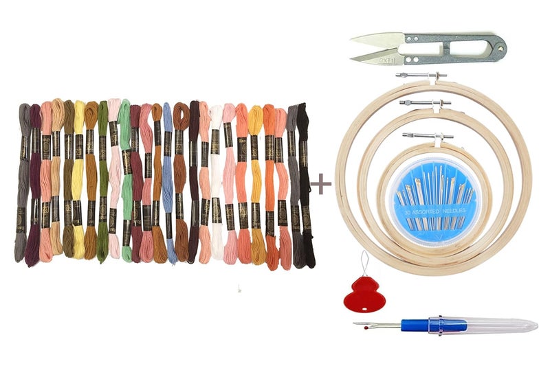 TE Embroidery Kit with Wooden Hoop Ring 6,7,8 Inches, 25 Multicolor Threads, 30 Needles, 1 Seam Ripper, 1 Threader and 1 Thread Cutter for Cross Stitch (Emb. kit 3ed aati) - Image 1
