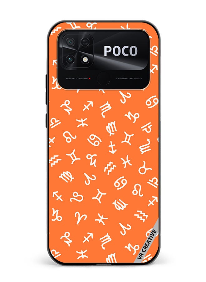 VR CREATIVE Protective Case Cover For Xiaomi Poco C40 Orange Seamless Pattern With White Zodiac Signs Design Multicolour - Image 1