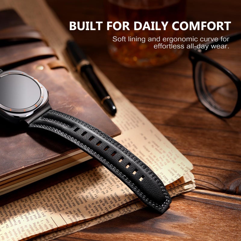 Tlselt Leather Band Compatible with Samsung Galaxy Watch Ultra 47mm(2025/2024), Genuine Leather Rugged Durable Classic Vintage Handcrafted Outdoor Business Travel Gift Samsung Watch Strap for Men - Image 3