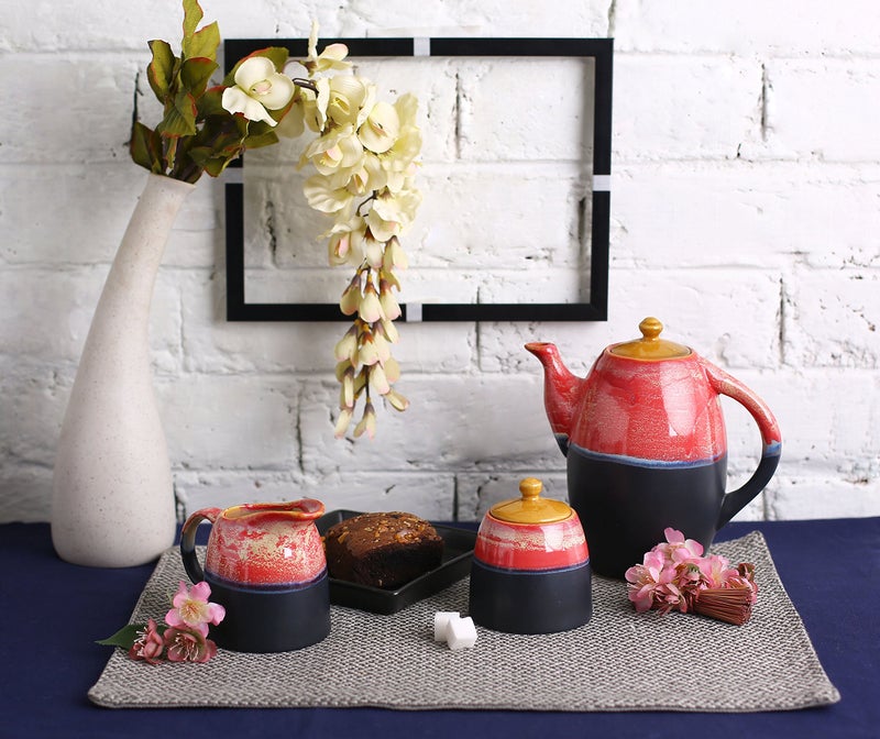 Caffeine Ceramic Handmade Pink & Black Studio Tea Kettle Set (3 Pieces) - Image 1
