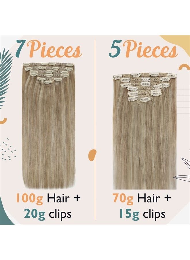 Ve Sunny - VeSunny Clip in Human Hair Extensions Dark Golden Blonde Highlight Medium Blonde Double Weft Clip on Hair Extensions Full Head Clip ins Human Hair Extensions 7PCs 120g 16inch - Image 1