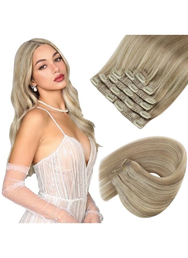 Ve Sunny - VeSunny Clip in Human Hair Extensions Dark Golden Blonde Highlight Medium Blonde Double Weft Clip on Hair Extensions Full Head Clip ins Human Hair Extensions 7PCs 120g 16inch - Image 1