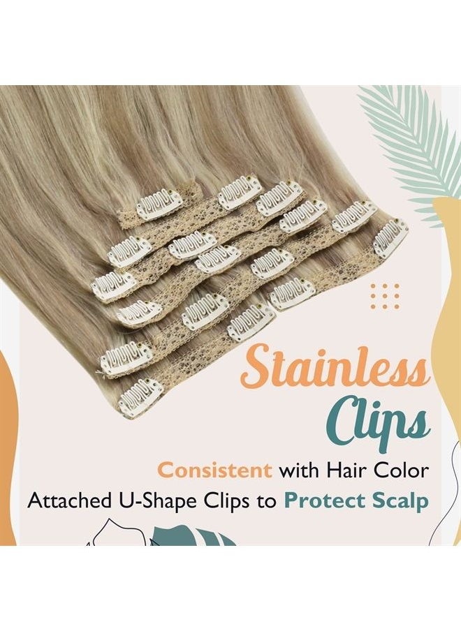 Ve Sunny - VeSunny Clip in Human Hair Extensions Dark Golden Blonde Highlight Medium Blonde Double Weft Clip on Hair Extensions Full Head Clip ins Human Hair Extensions 7PCs 120g 16inch - Image 1